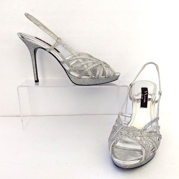 Nina Fonda Silver Baby Glitter Platform Heels 8.5M Stiletto Slingback Sparkly - Picture 1 of 11